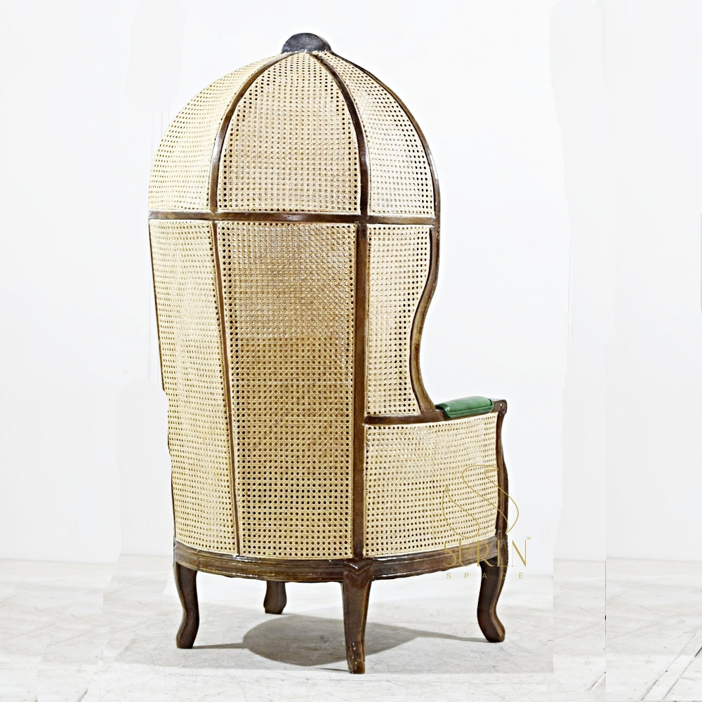 Elegant Balloon Chair with Natural Cane & Genuine Leather Upholstery