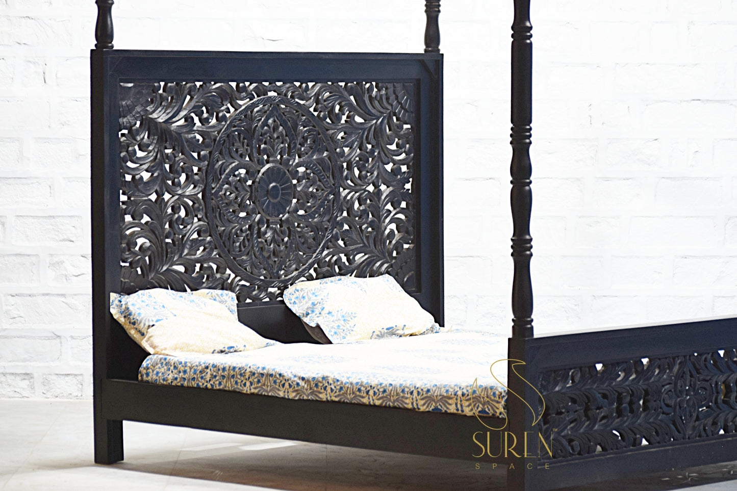Walnut Carved Four-Poster Bed with Elegant Handcrafted Design