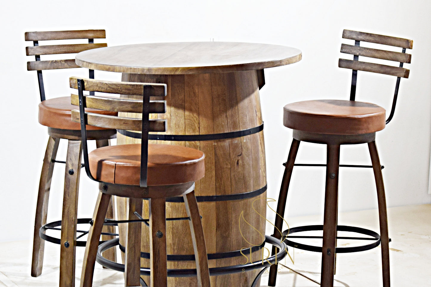 Unique Barrel Design High Table with 3 Chairs Set – Industrial Style