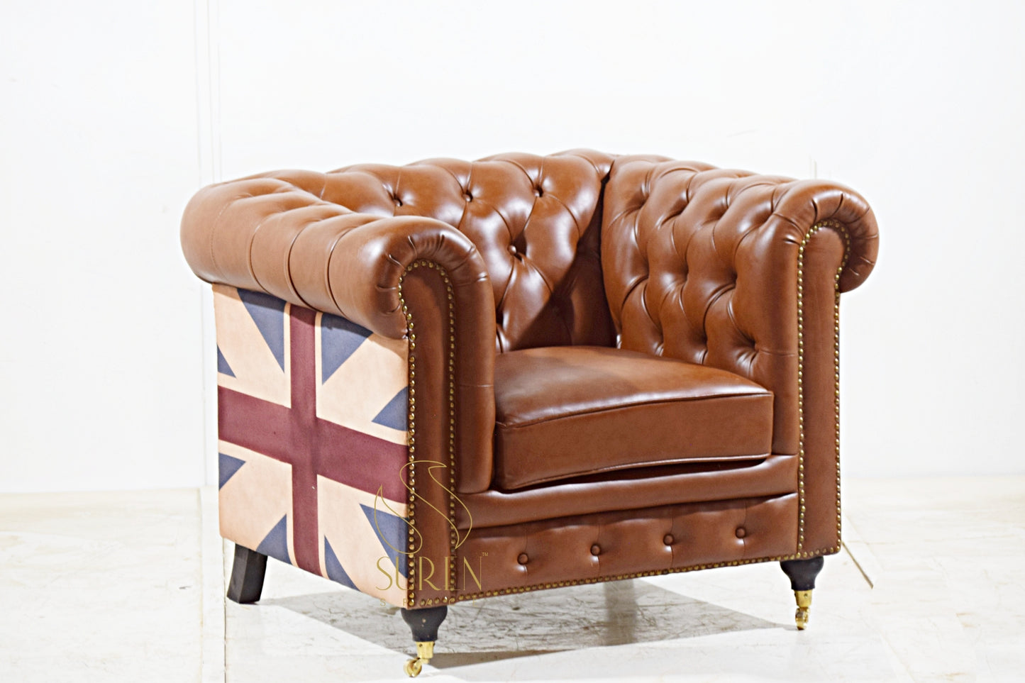 Chesterfield Leatherette Sofa Set with Union Flag Accents – Classic Design