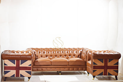 Chesterfield Leatherette Sofa Set with Union Flag Accents – Classic Design