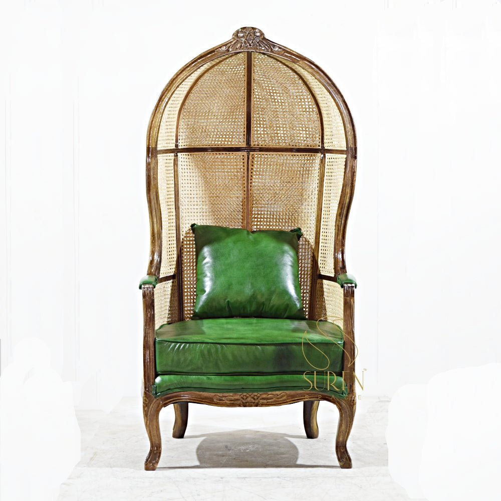 Elegant Balloon Chair with Natural Cane & Genuine Leather Upholstery