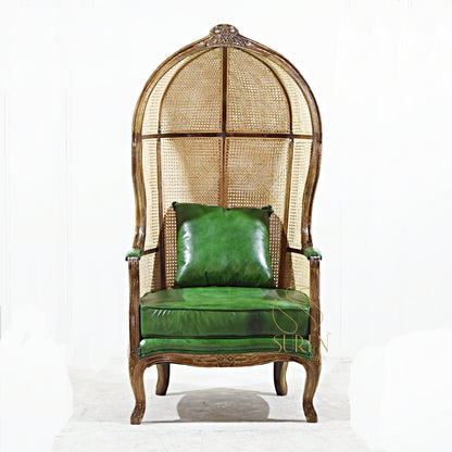 Elegant Balloon Chair with Natural Cane & Genuine Leather Upholstery