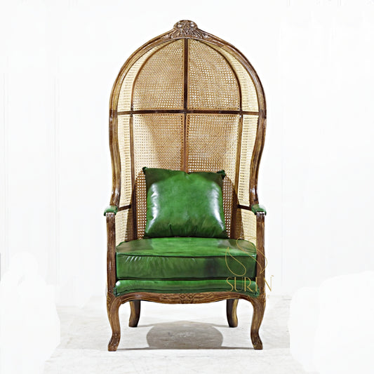 Elegant Balloon Chair with Natural Cane & Genuine Leather Upholstery