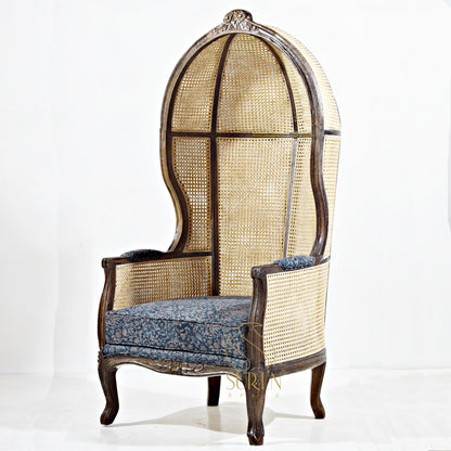Elegant Balloon Chair with Natural Cane & Vibrant Printed Fabric Upholstery