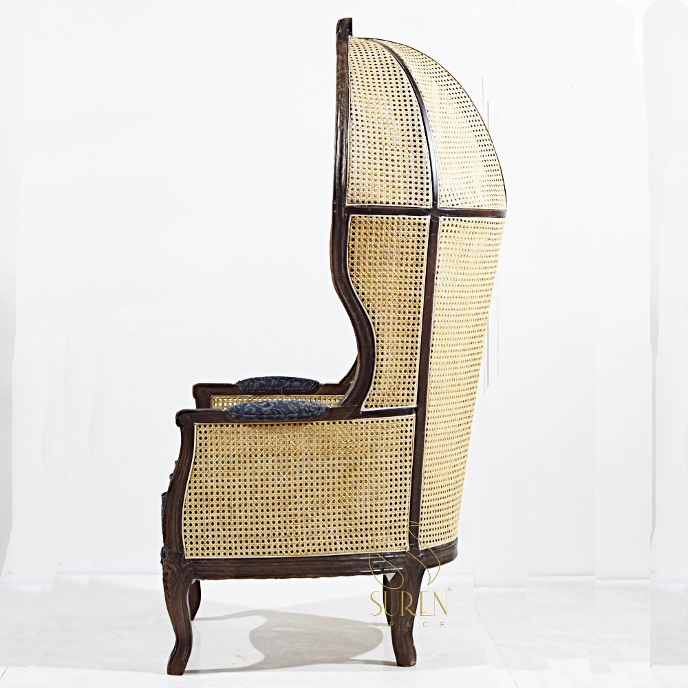 Elegant Balloon Chair with Natural Cane & Vibrant Printed Fabric Upholstery