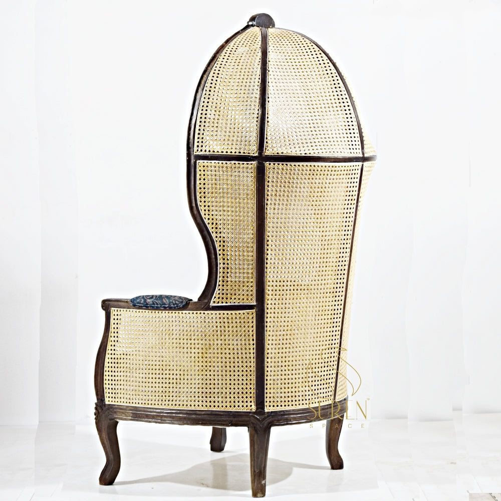 Elegant Balloon Chair with Natural Cane & Vibrant Printed Fabric Upholstery