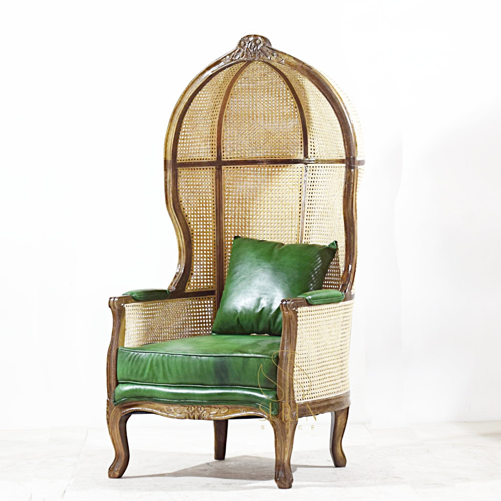 Elegant Balloon Chair with Natural Cane & Genuine Leather Upholstery