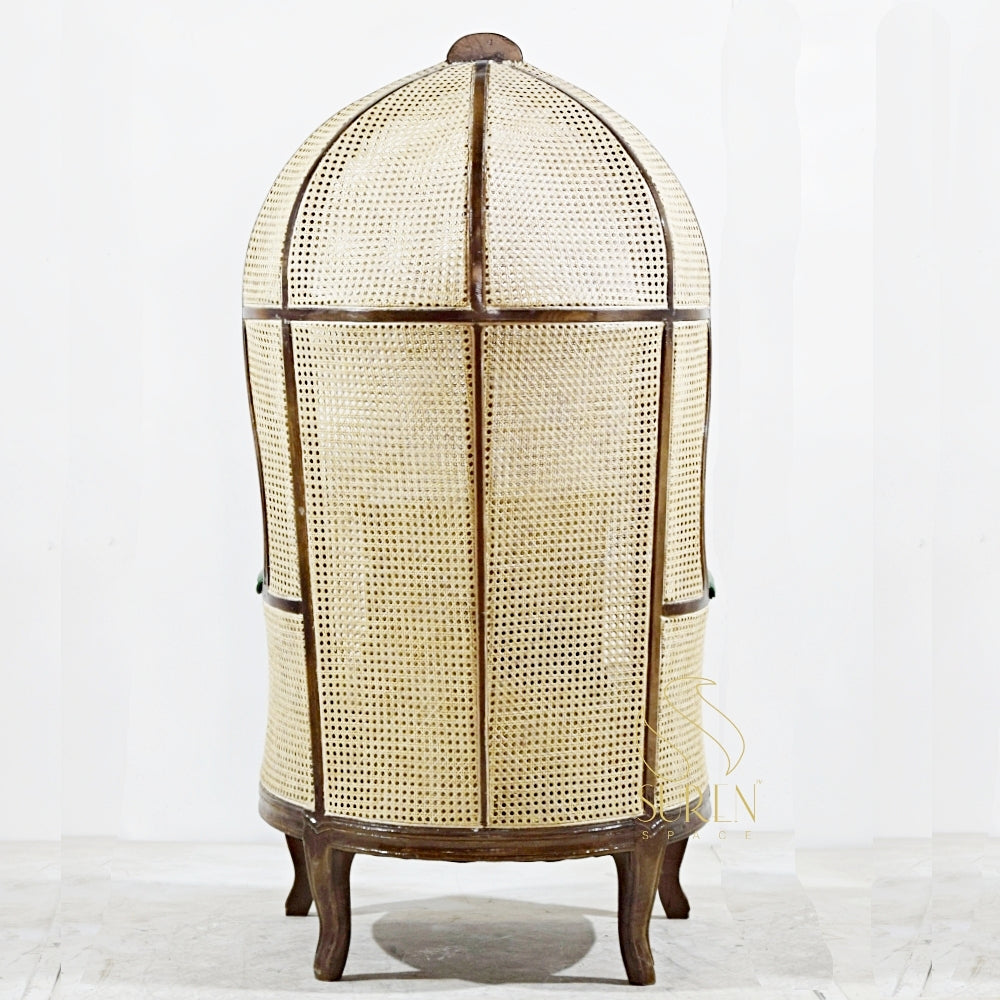 Elegant Balloon Chair with Natural Cane & Genuine Leather Upholstery