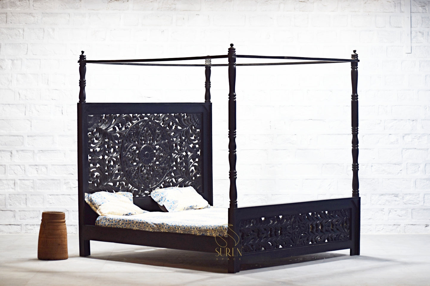 Walnut Carved Four-Poster Bed with Elegant Handcrafted Design