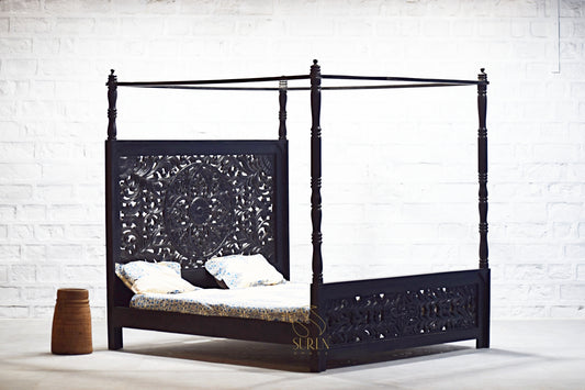 Walnut Carved Four-Poster Bed with Elegant Handcrafted Design