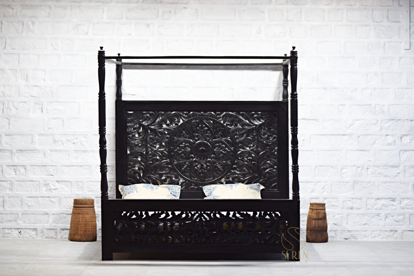 Walnut Carved Four-Poster Bed with Elegant Handcrafted Design