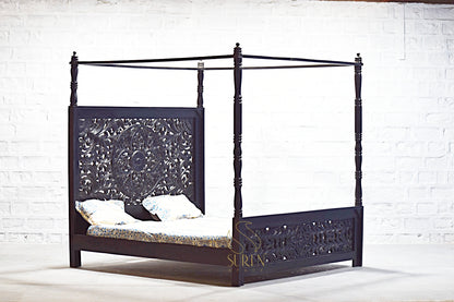 Walnut Carved Four-Poster Bed with Elegant Handcrafted Design