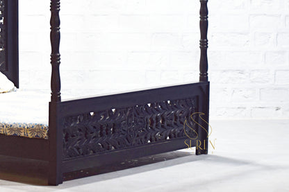 Walnut Carved Four-Poster Bed with Elegant Handcrafted Design