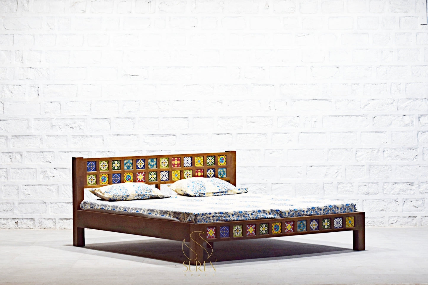 Handcrafted Solid Wood Bed with Tile Inlay Design
