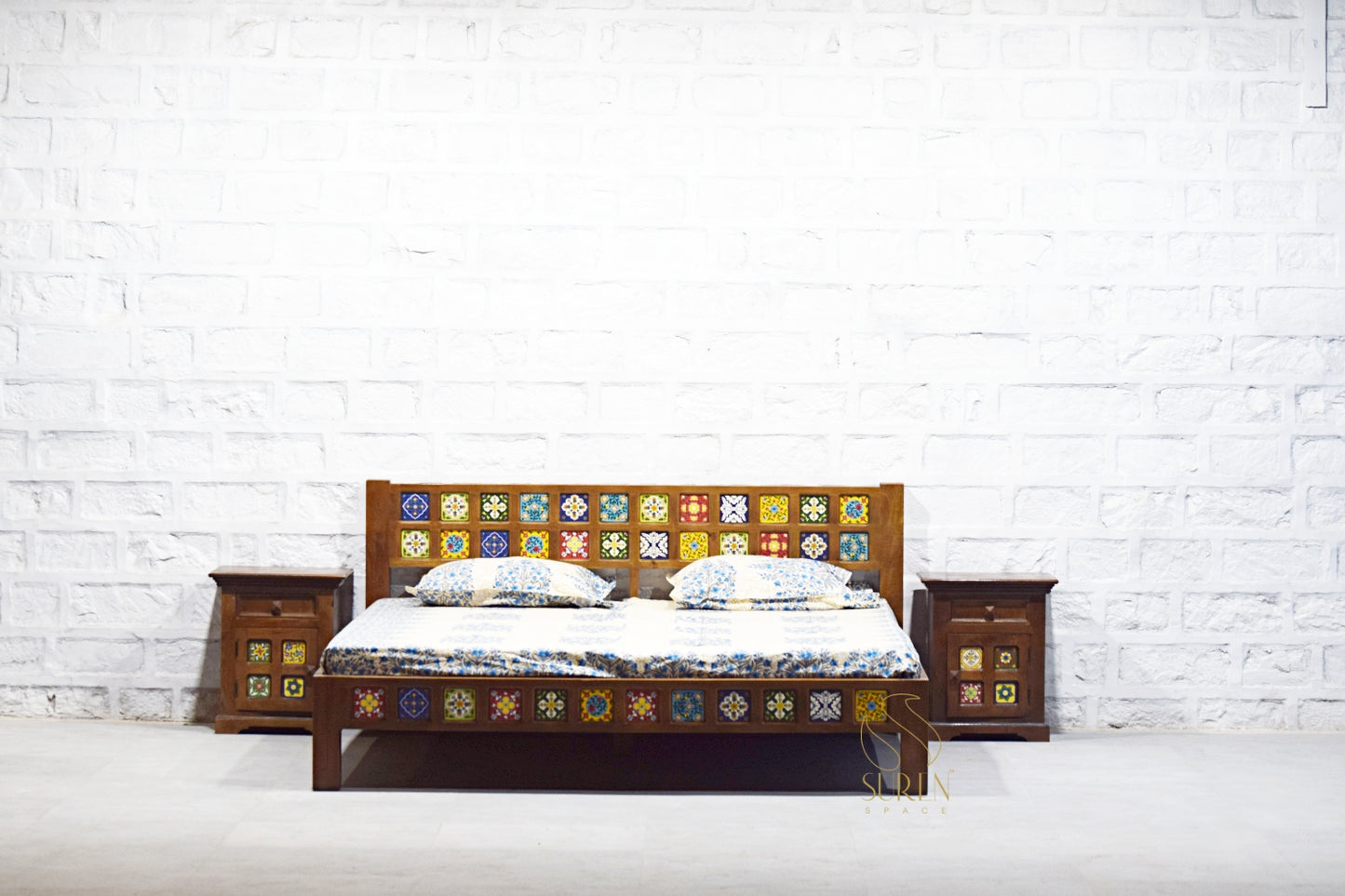 Handcrafted Solid Wood Bed with Tile Inlay Design
