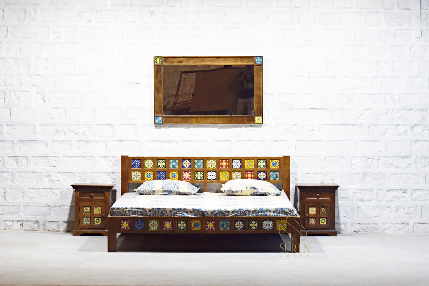 Handcrafted Solid Wood Bed with Tile Inlay Design