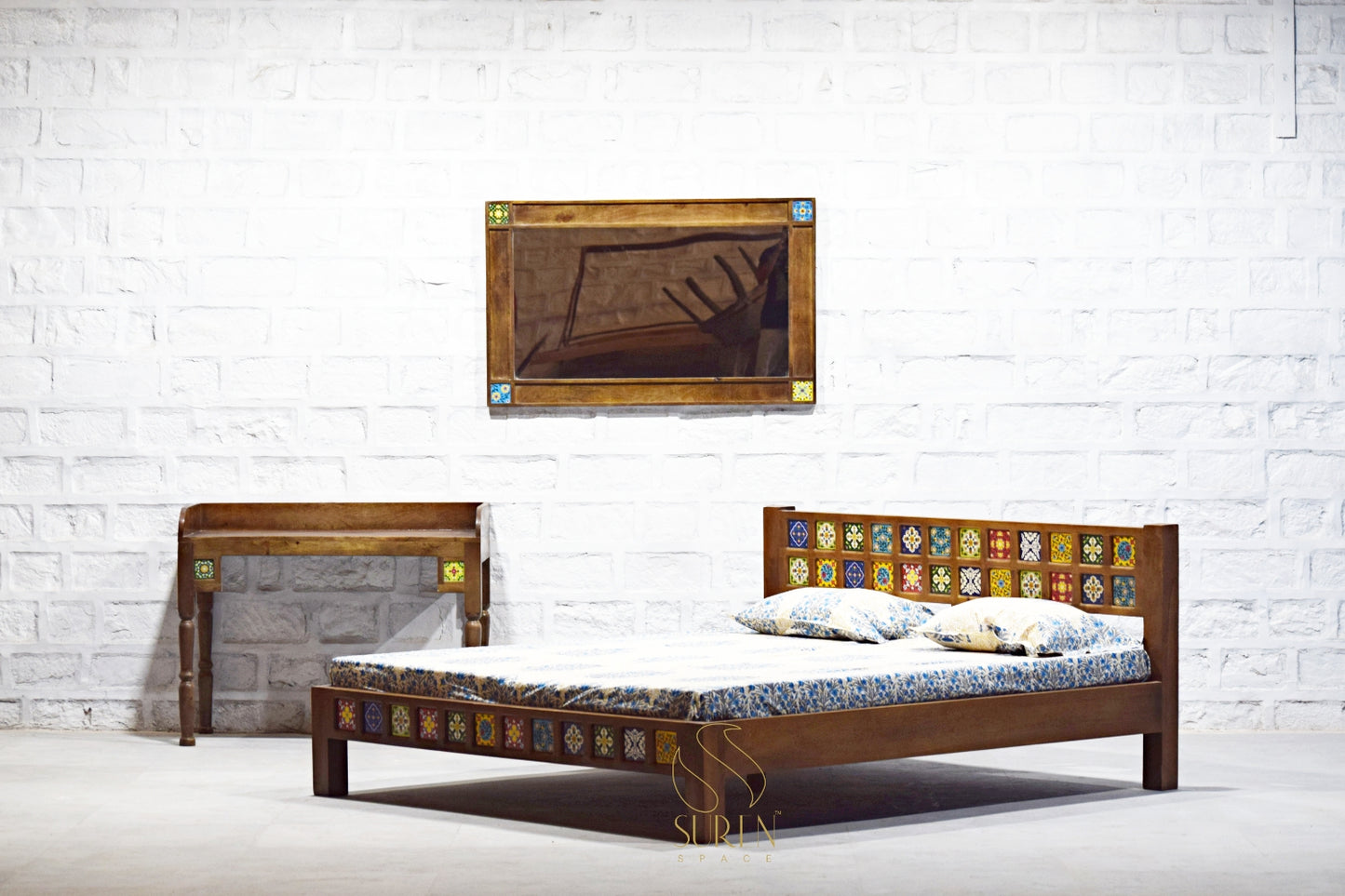 Handcrafted Solid Wood Bed with Tile Inlay Design