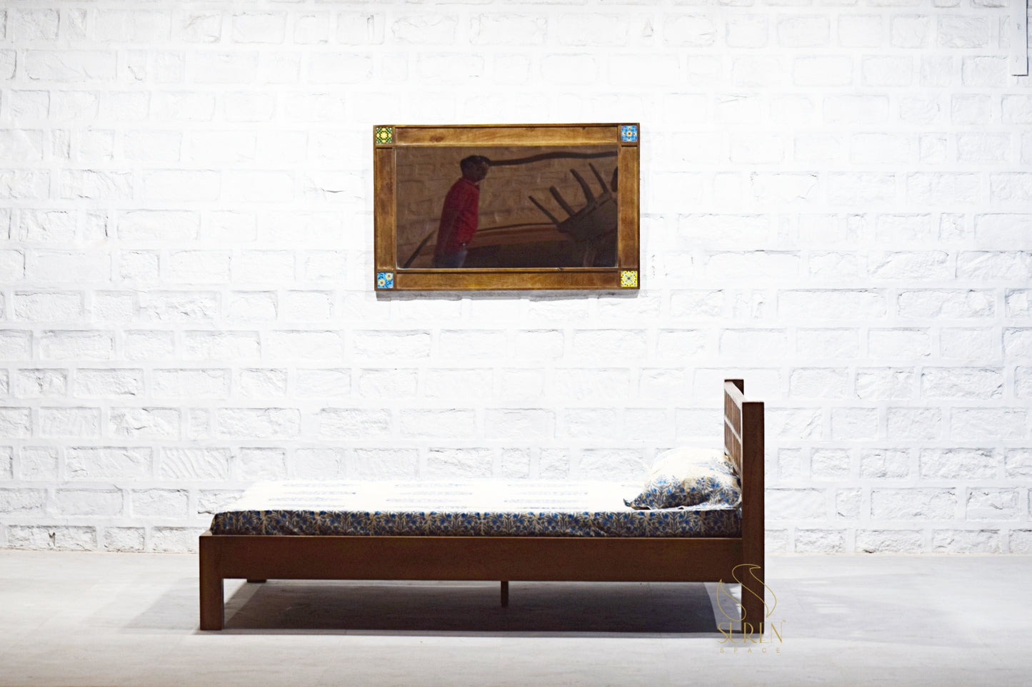 Handcrafted Solid Wood Bed with Tile Inlay Design