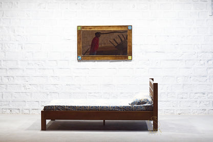 Handcrafted Solid Wood Bed with Tile Inlay Design