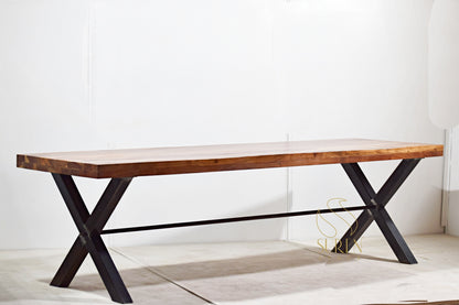 Industrial Solid Wood Folding Table Set with Iron Legs & Benches