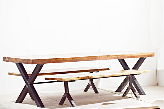 Industrial Solid Wood Folding Table Set with Iron Legs & Benches