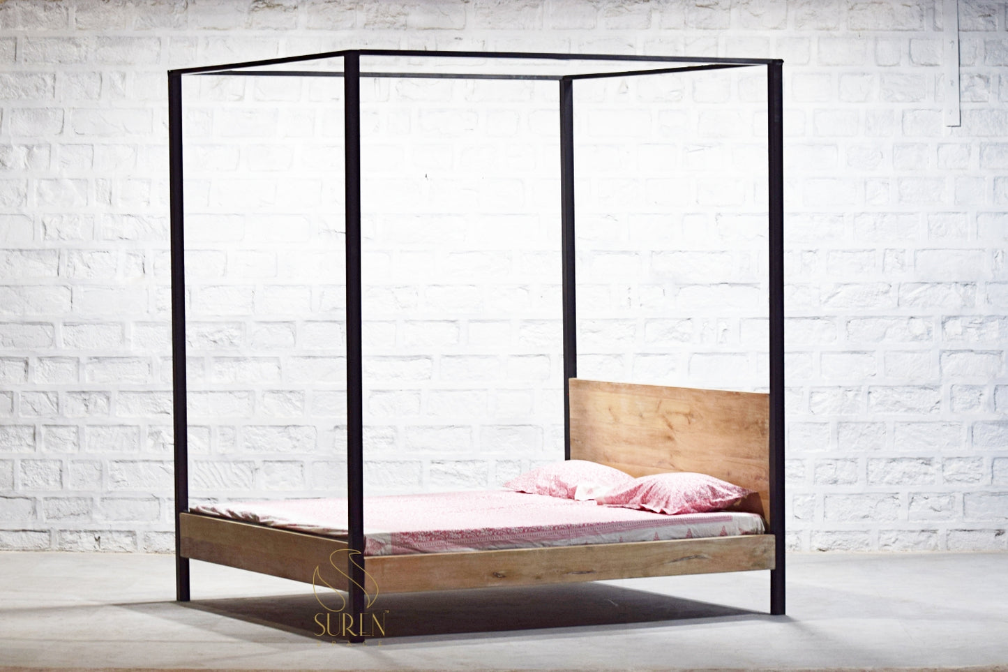 Industrial White Wash Four Poster Bed in Solid Wood with Rustic Design