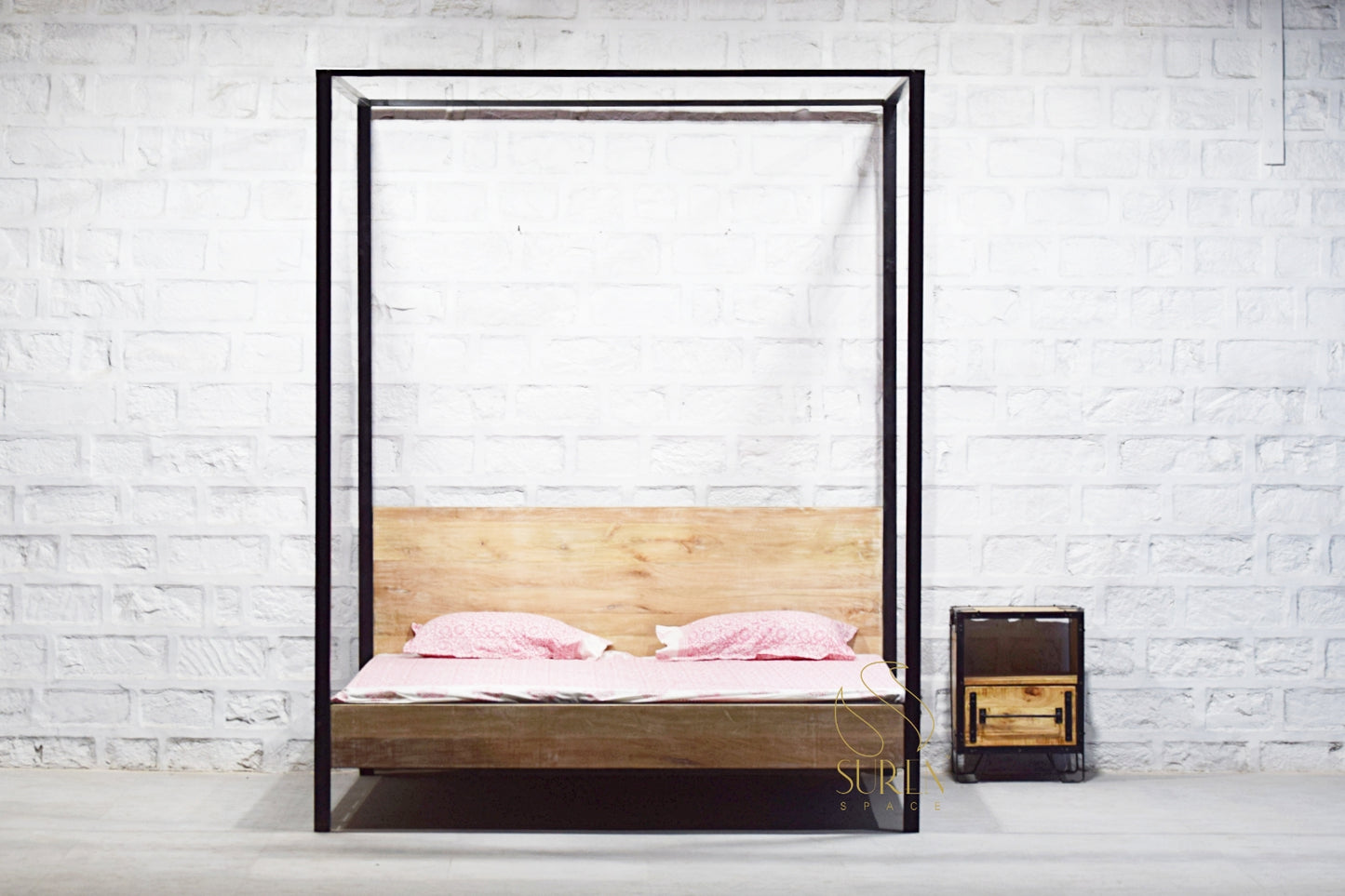 Industrial White Wash Four Poster Bed in Solid Wood with Rustic Design