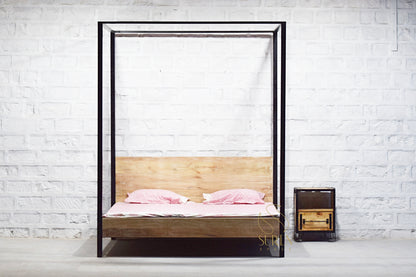 Industrial White Wash Four Poster Bed in Solid Wood with Rustic Design