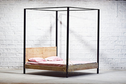 Industrial White Wash Four Poster Bed in Solid Wood with Rustic Design