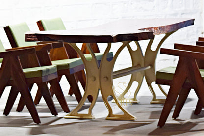 Live Edge Single Log Dining Table with Casting Base & 8 Sheesham Wood Chandigarh Chairs