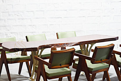 Live Edge Single Log Dining Table with Casting Base & 8 Sheesham Wood Chandigarh Chairs