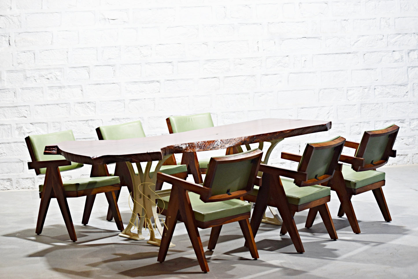 Live Edge Single Log Dining Table with Casting Base & 8 Sheesham Wood Chandigarh Chairs