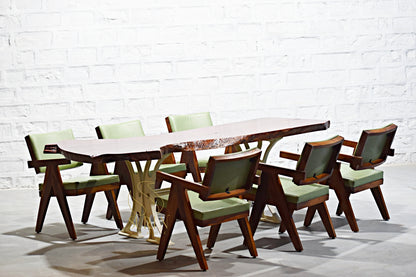 Live Edge Single Log Dining Table with Casting Base & 8 Sheesham Wood Chandigarh Chairs