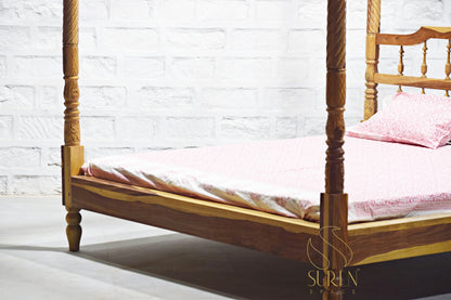 Natural Finish Four Poster Bed in Solid Wood with Classic Design