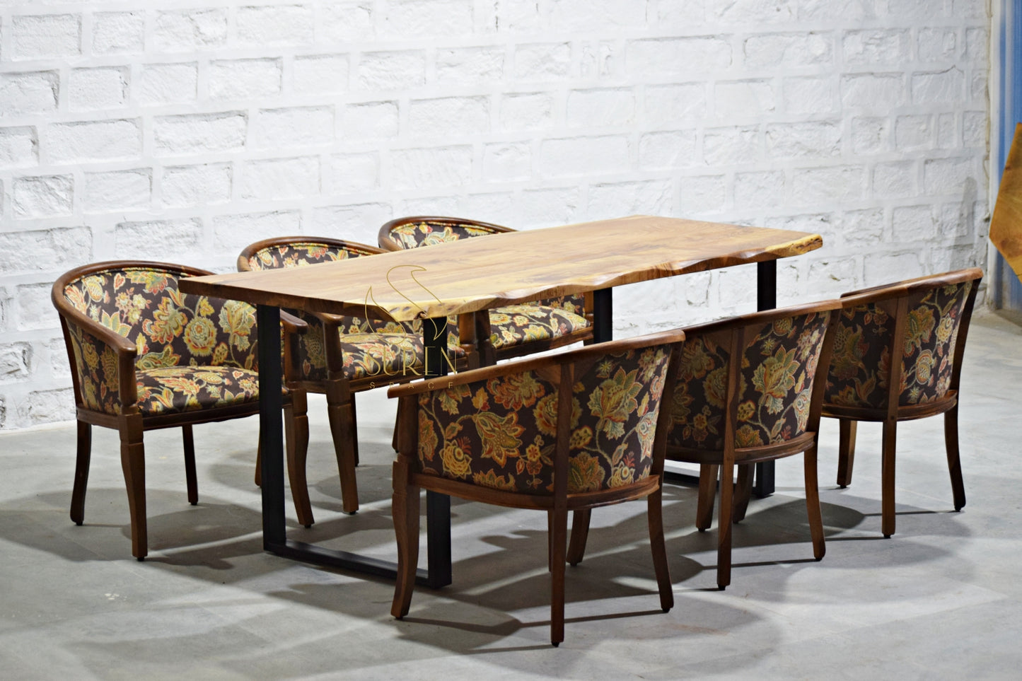 Six Solid Wooden Chairs with Handcrafted Dining Table Set