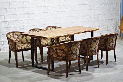Six Solid Wooden Chairs with Handcrafted Dining Table Set