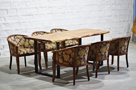 Six Solid Wooden Chairs with Handcrafted Dining Table Set
