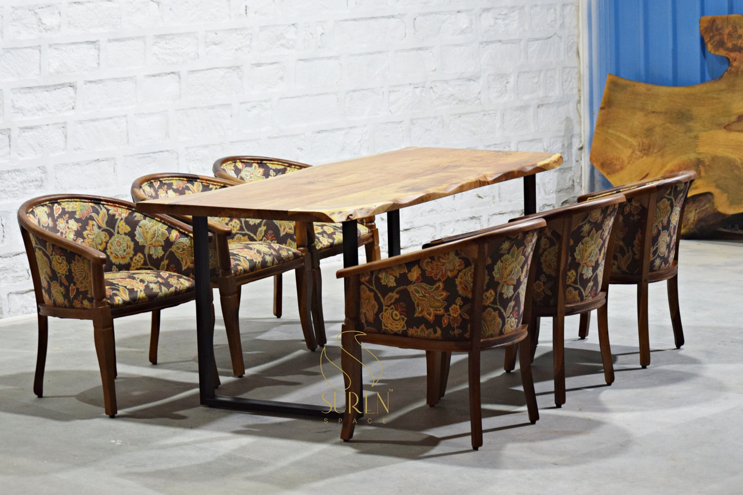 Six Solid Wooden Chairs with Handcrafted Dining Table Set