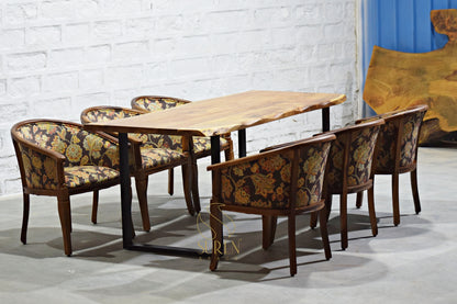 Six Solid Wooden Chairs with Handcrafted Dining Table Set