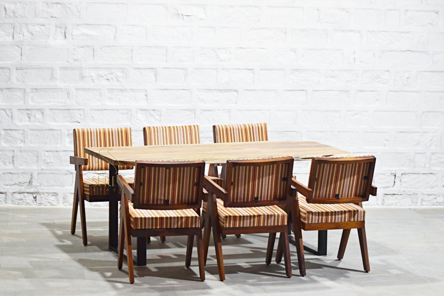 Six Chandigarh Chairs with Handcrafted Solid Wood Dining Table Set