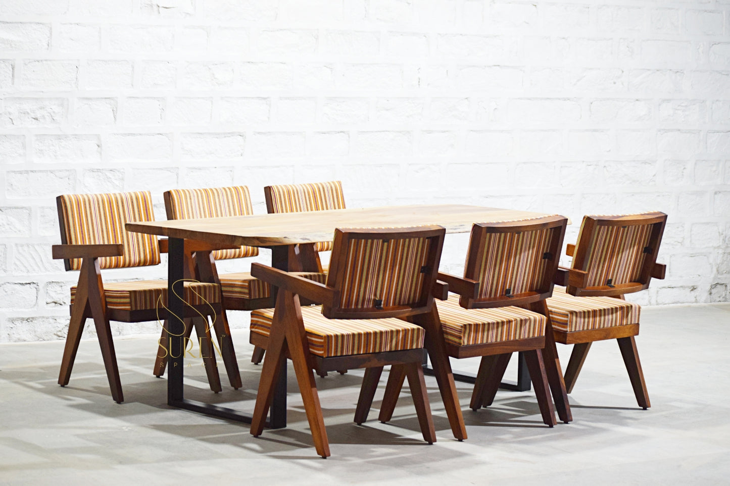 Six Chandigarh Chairs with Handcrafted Solid Wood Dining Table Set