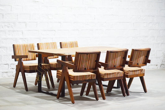Six Chandigarh Chairs with Handcrafted Solid Wood Dining Table Set