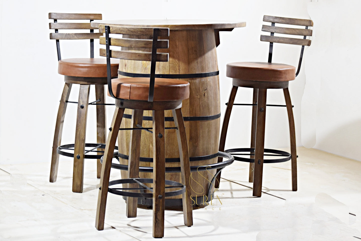 Unique Barrel Design High Table with 3 Chairs Set – Industrial Style