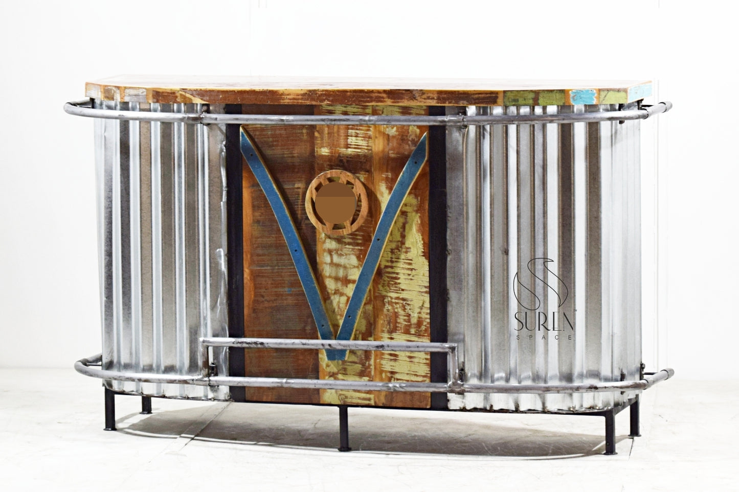 Unique Handcrafted Auto Theme Home Bar Unit with Rustic Industrial Design