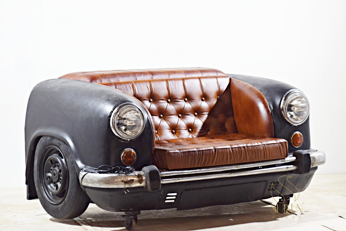 Upcycled Car Sofa with Tufted Leather Seating – Vintage Industrial Design