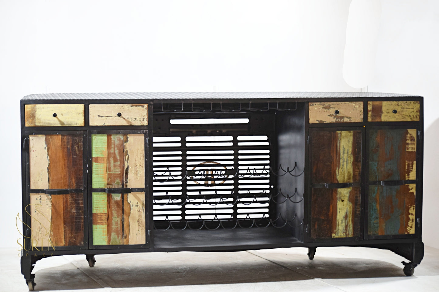 Upcycled Indian Truck Face Home Bar Cabinet with Rustic Design