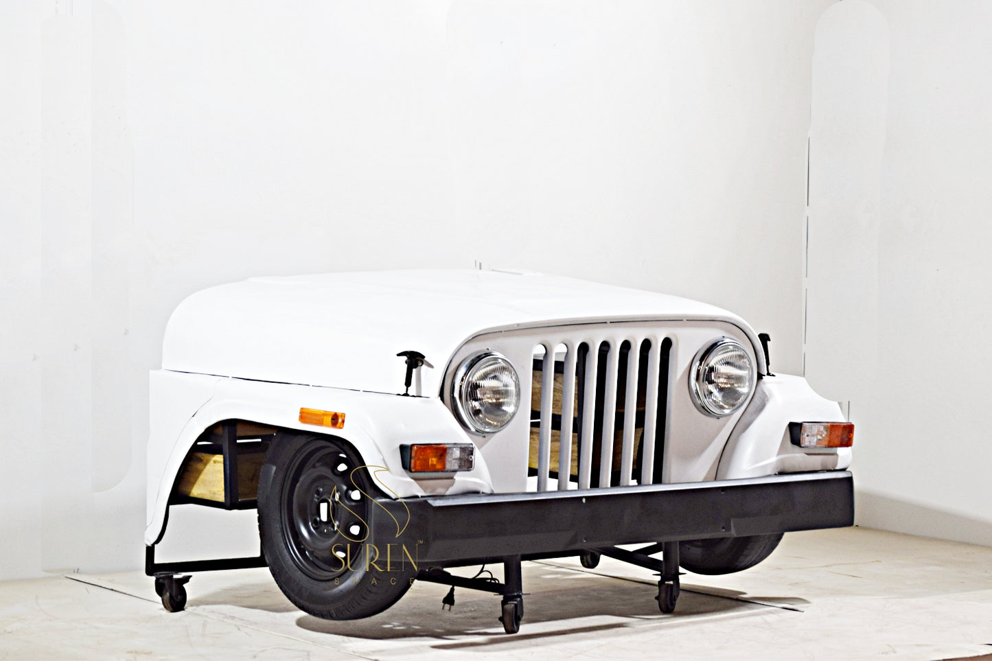 Vintage Jeep Design Study Table with Wheels & Solid Wood Drawers